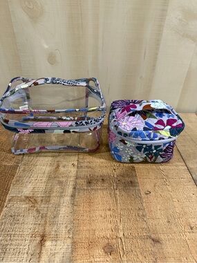 Vera Bradley Set-Purple Floral Quilted Cosmetic Case with Clear Floral Trim Case
